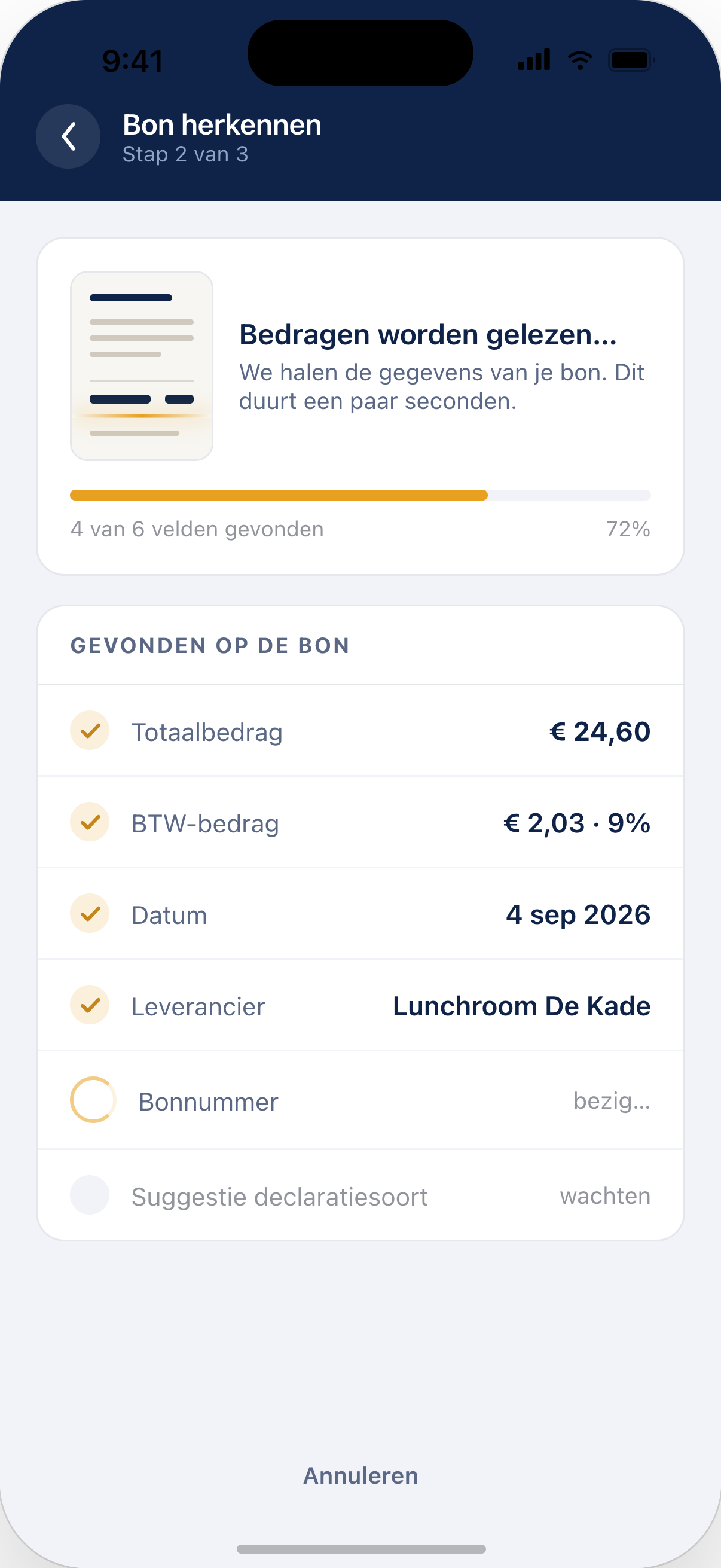 Bonnetje herkennen in de declaratie app
