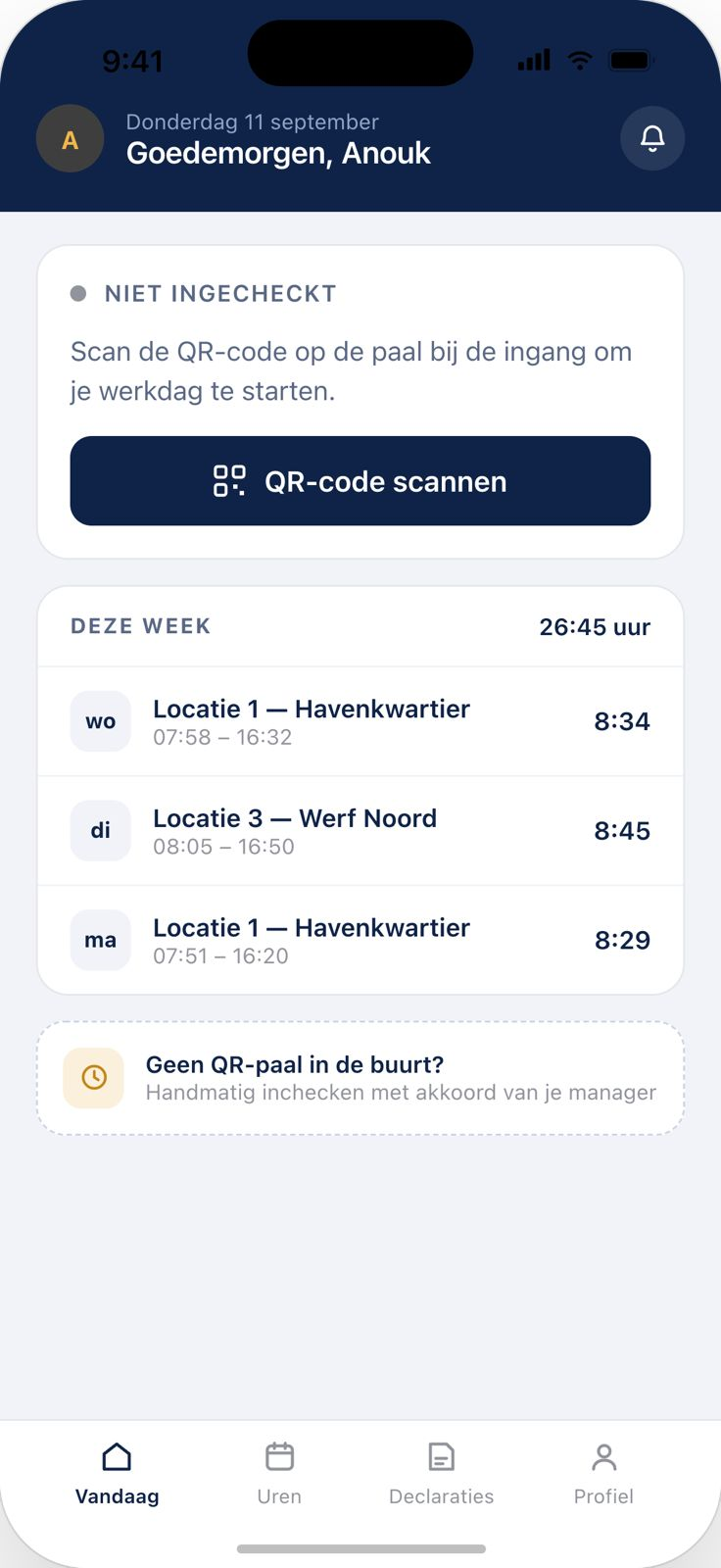 Nog niet ingecheckt, scan de QR-code om je werkdag te starten