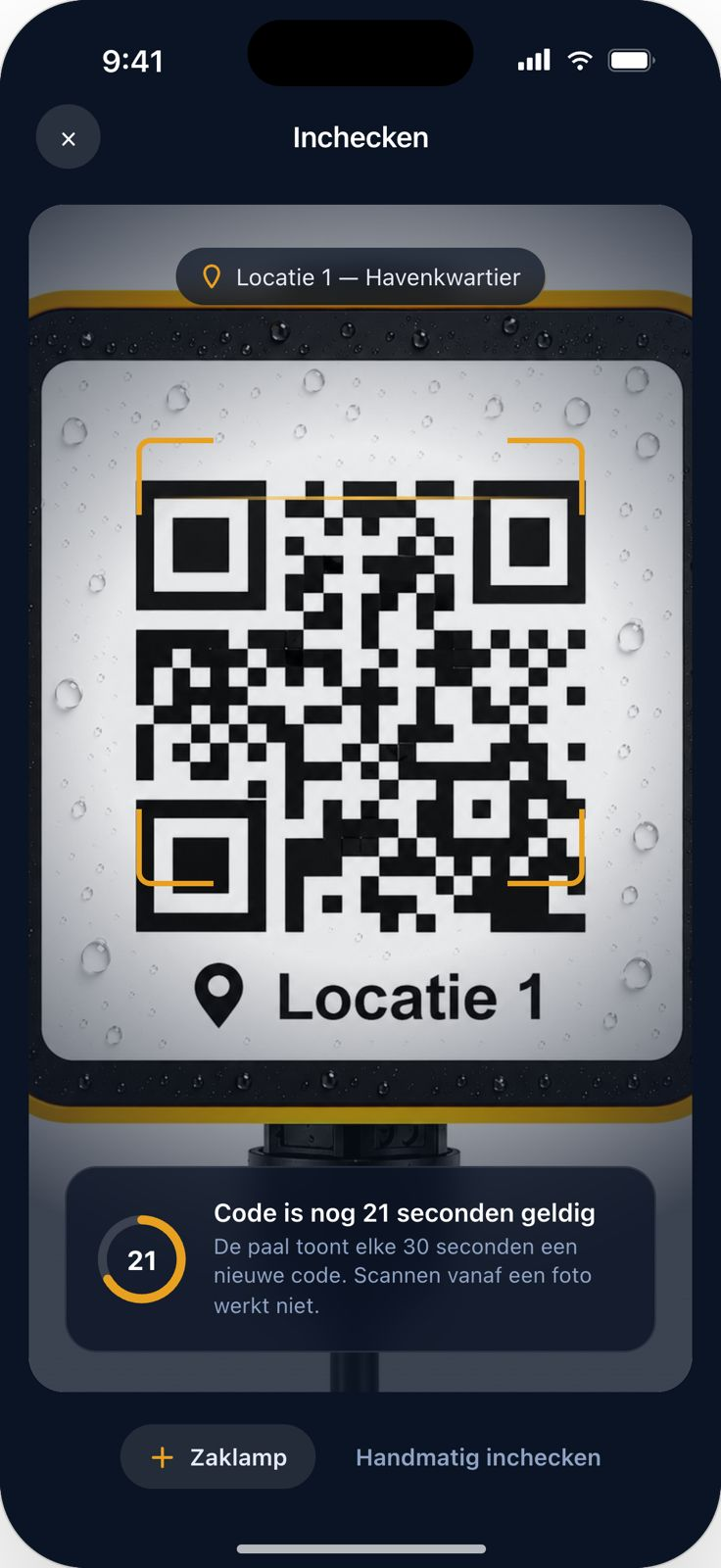 QR-code scannen om in te checken, de code ververst elke 30 seconden