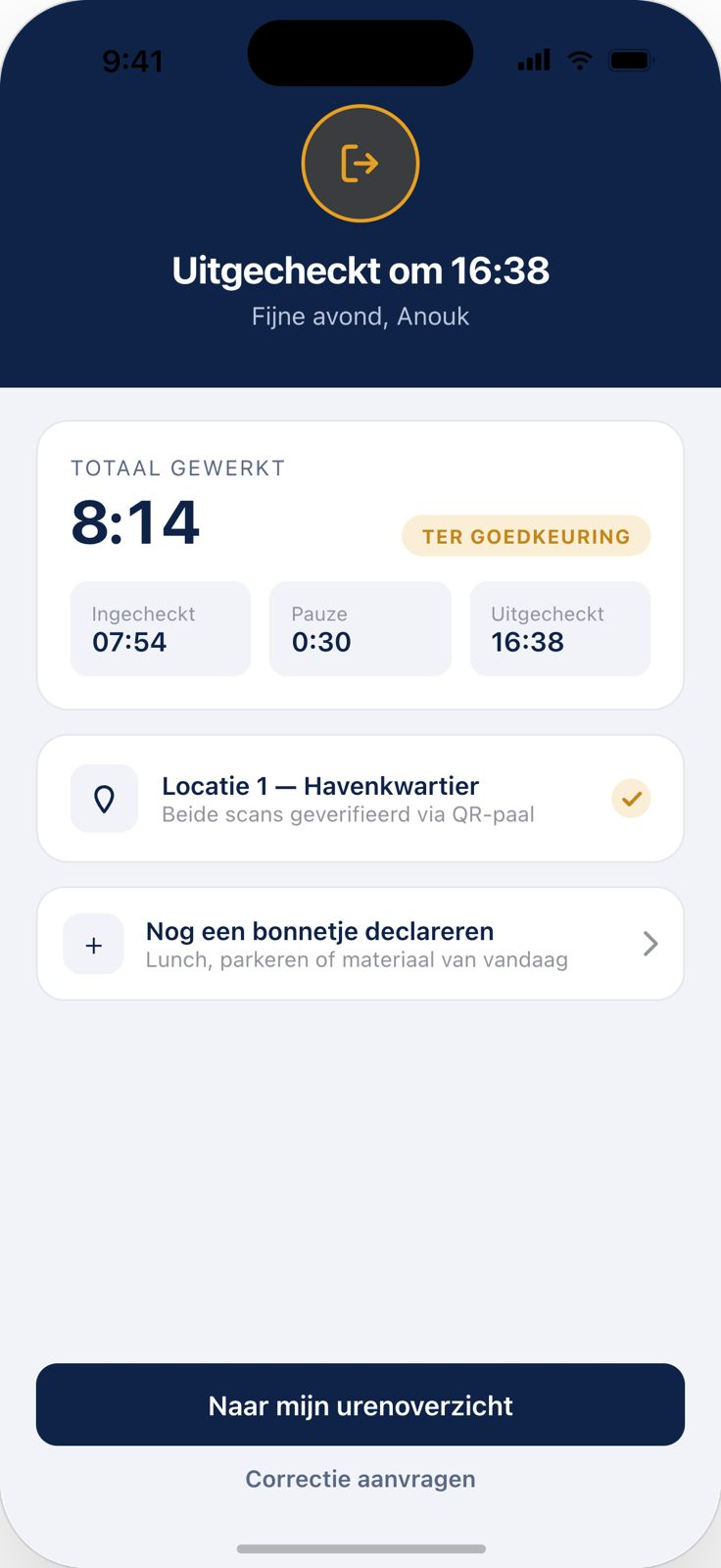 Uitgecheckt, uren ter goedkeuring