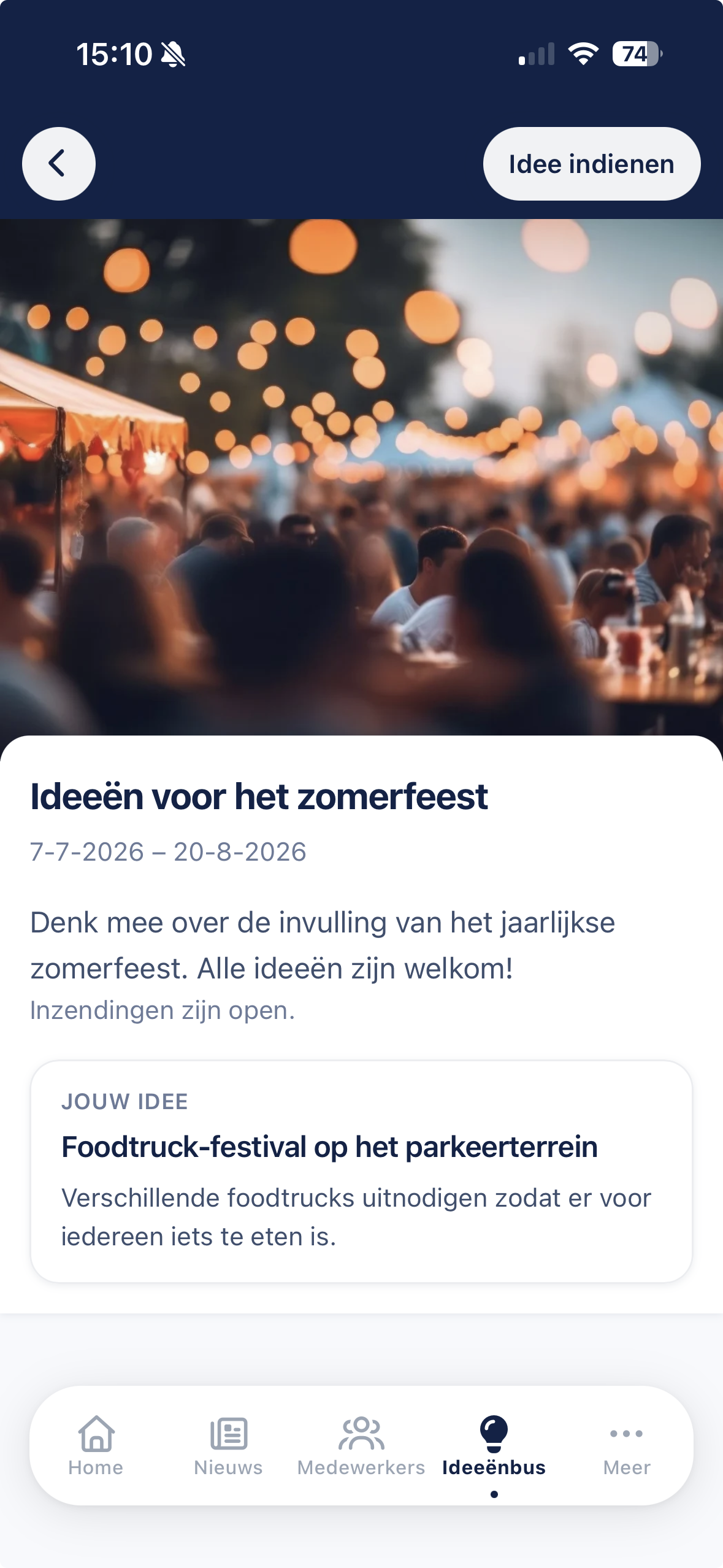 Detail van een ideeënbus-onderwerp met eigen inzending in DePersoneelsApp