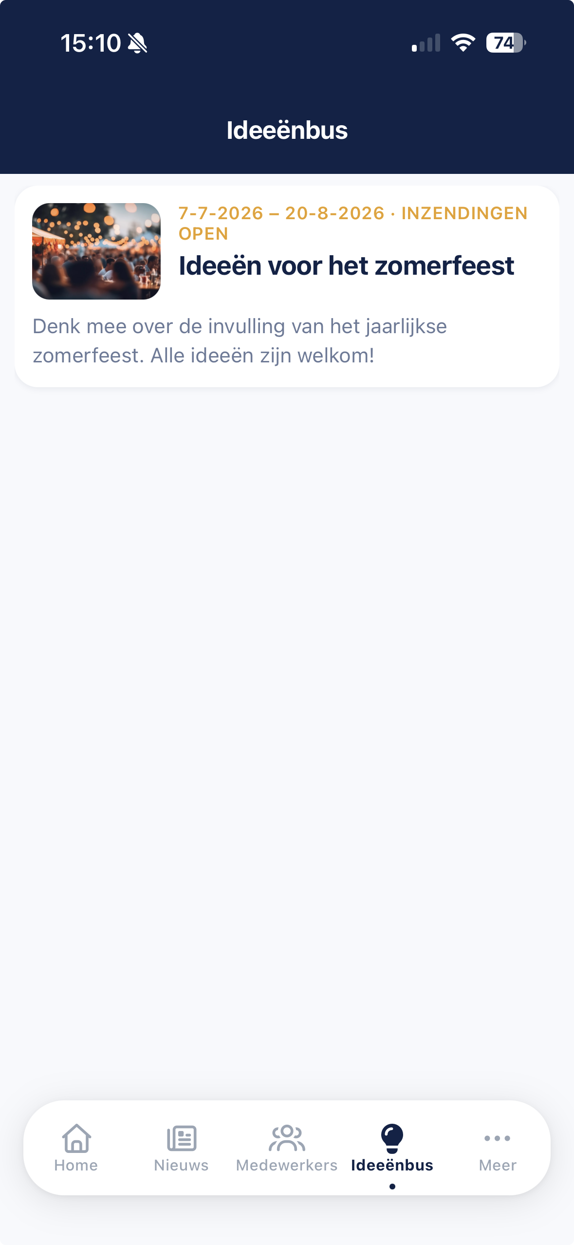 Ideeënbus-overzicht met open inzendingen in DePersoneelsApp